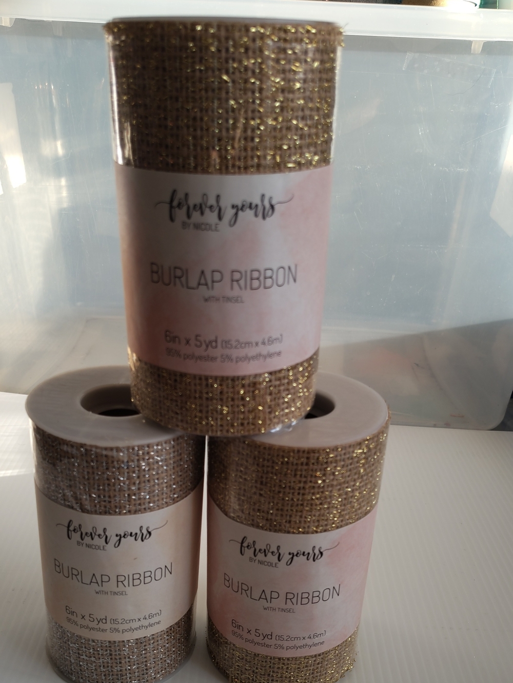 Burlap Ribbon with Gold Tinsel - Brown - 3 Roll Bundle
